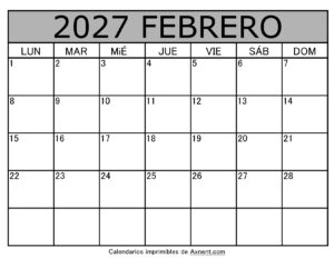 Calendario Mensual Febrero 2027