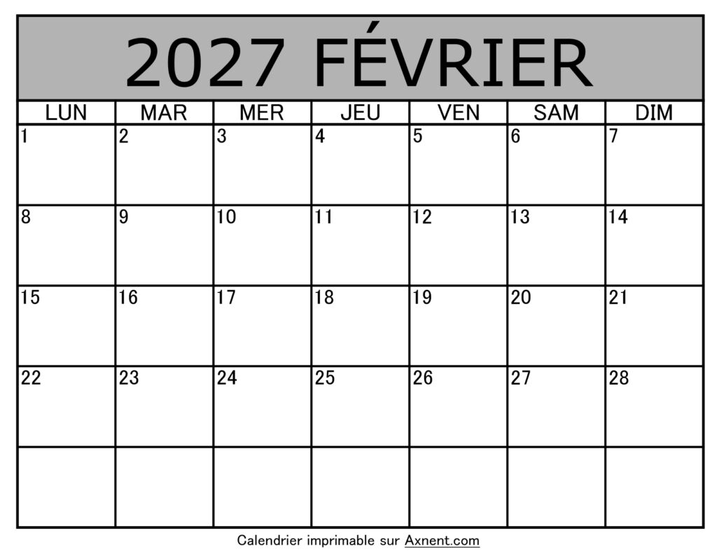 Calendrier À Imprimer Février 2027