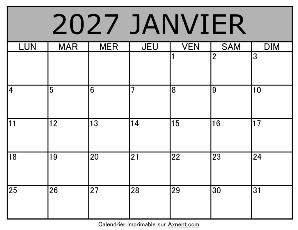 Calendrier À Imprimer Janvier 2027