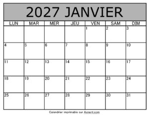 Calendrier À Imprimer Janvier 2027