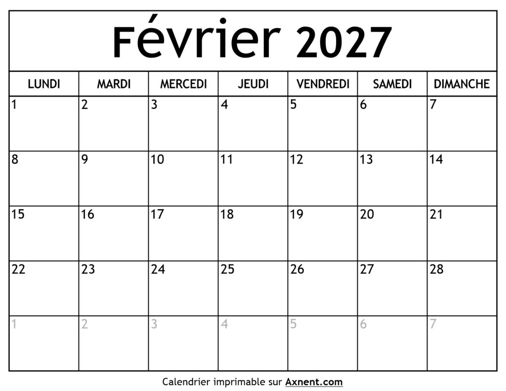 Calendrier Février 2027