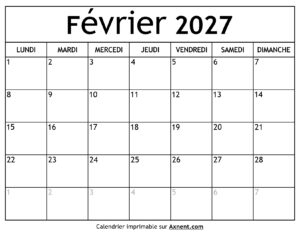Calendrier Février 2027