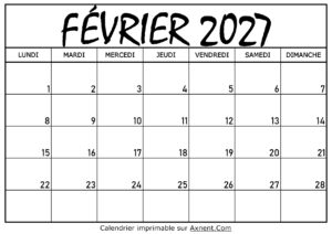 Calendrier Février 2027 À Imprimer