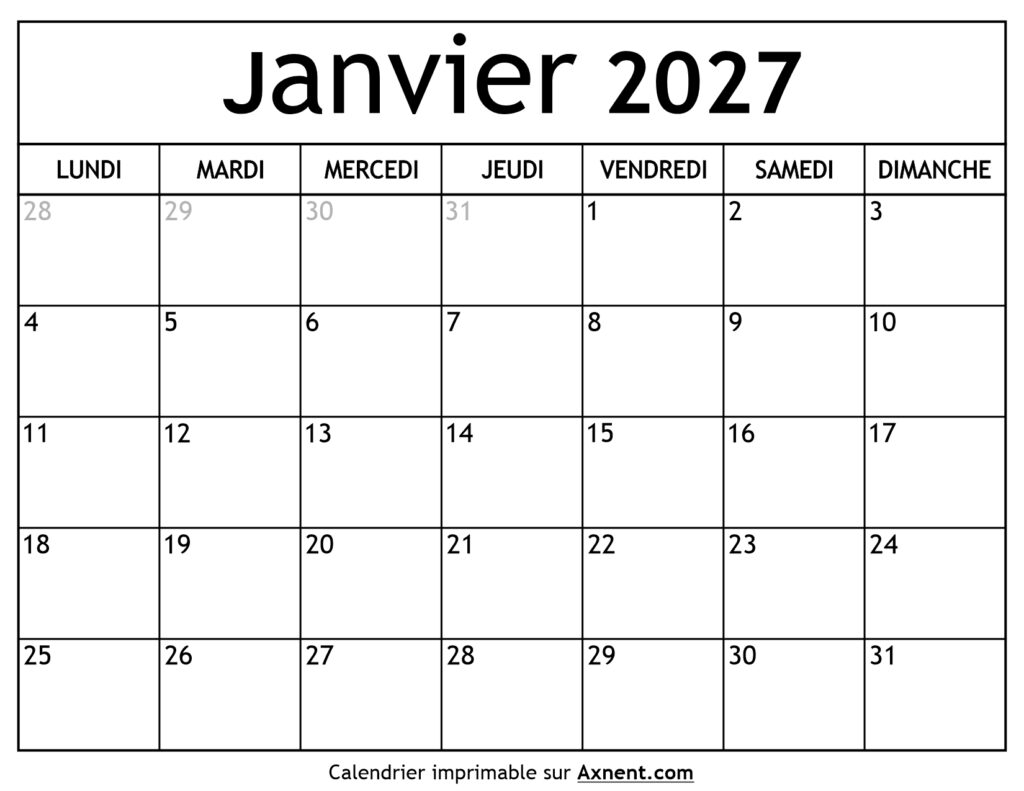 Calendrier Janvier 2027