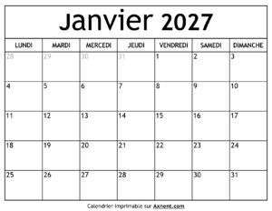 Calendrier Janvier 2027