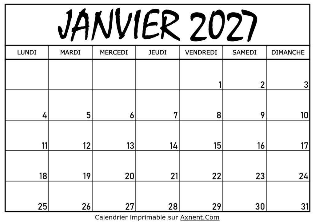 Calendrier Janvier 2027 À Imprimer