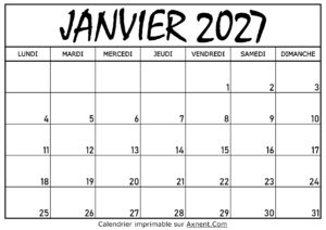 Calendrier Janvier 2027 À Imprimer