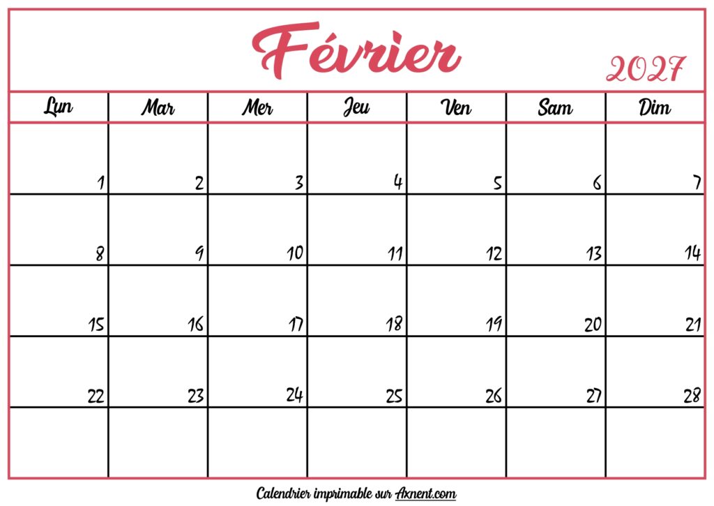 Calendrier Vierge Février 2027