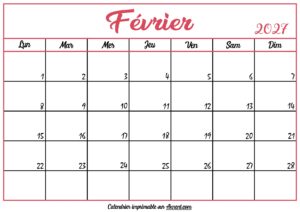 Calendrier Vierge Février 2027