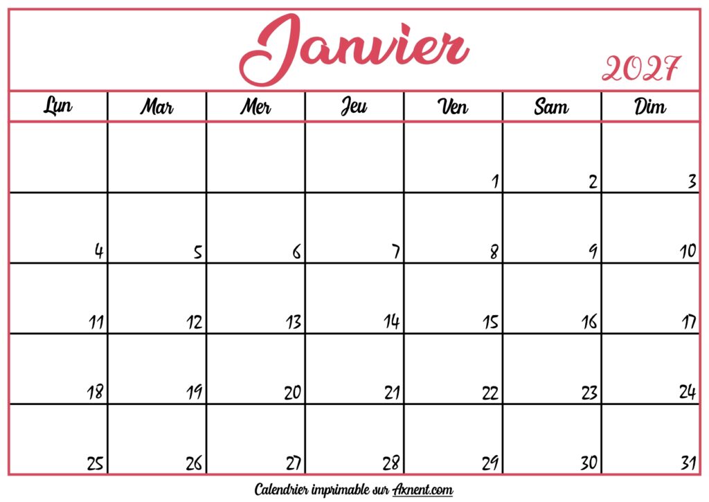 Calendrier Vierge Janvier 2027
