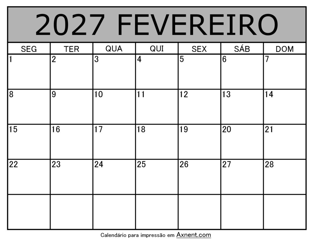 Fevereiro De 2027 Calendario Imprimível