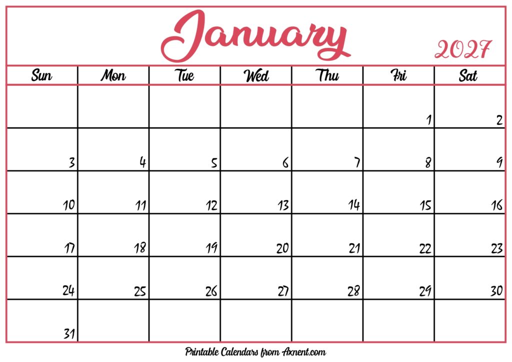 Free January Calendar 2027
