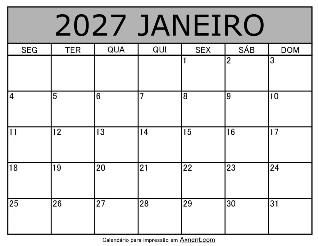 Janeiro De 2027 Calendario Imprimível