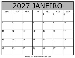 Janeiro De 2027 Calendario Imprimível