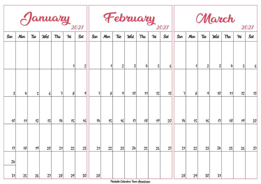 January February March 2027 Calendar