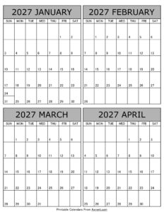 January February March April 2027 Calendar