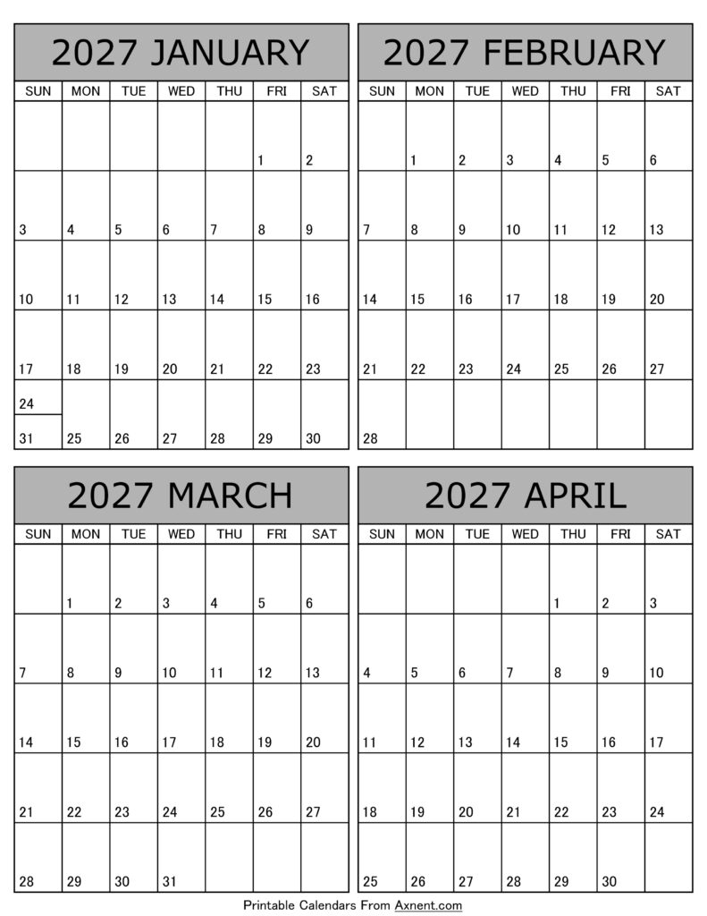 January February March April 2027 Calendar