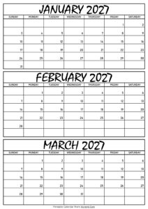 January February and March Calendar 2027