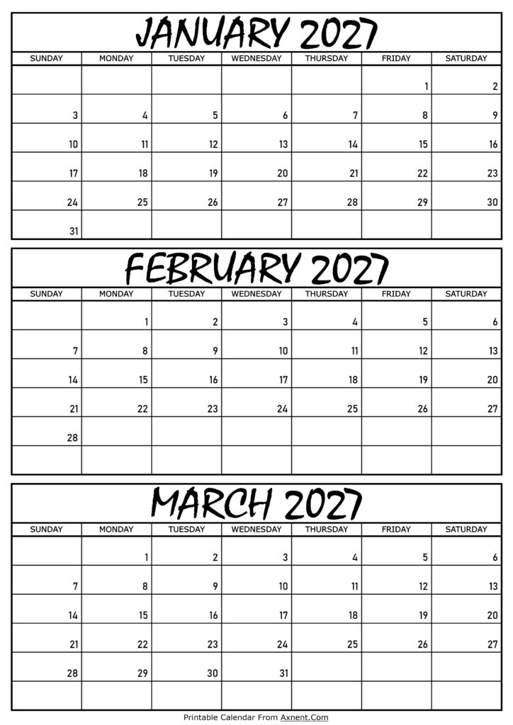 January February and March Calendar 2027