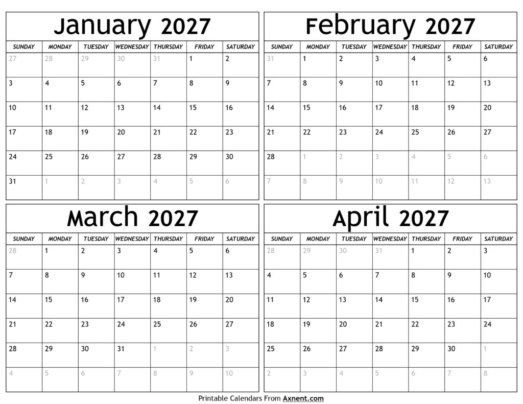 January to April 2027 Calendar