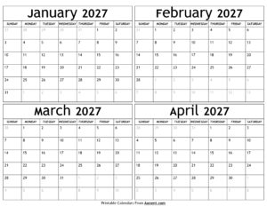 January to April 2027 Calendar