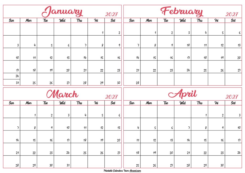 January to April Calendar 2027