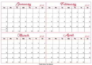 January to April Calendar 2027