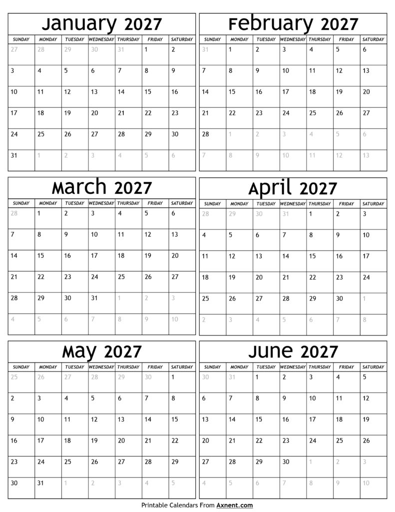 January to June 2027 Calendar