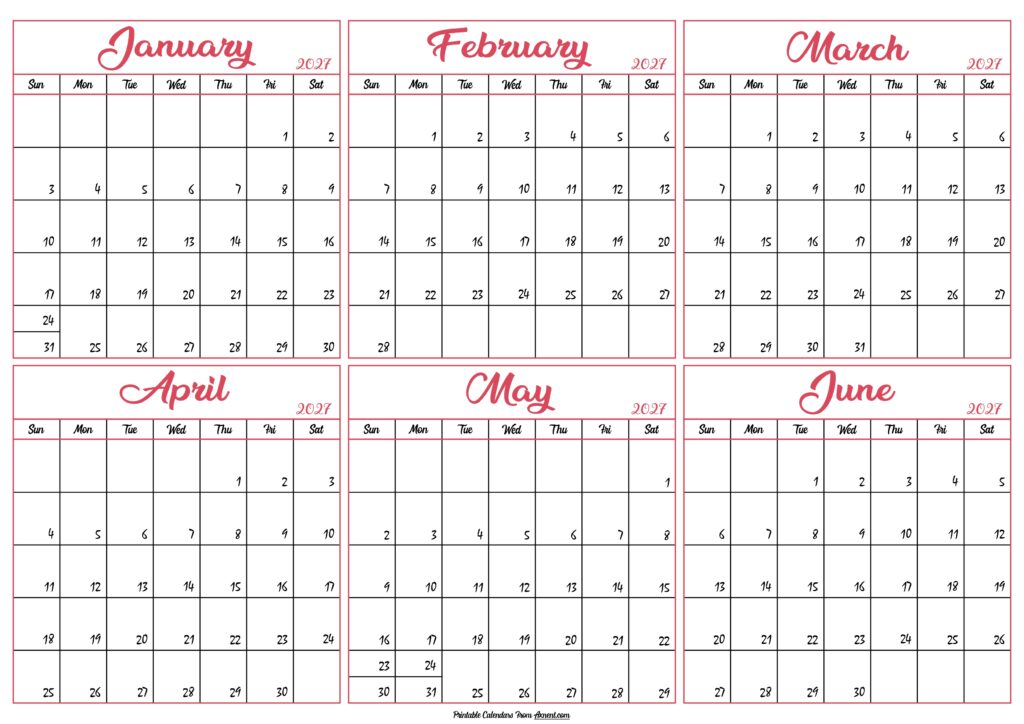 January to June Calendar 2027