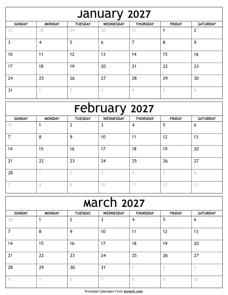 January to March 2027 Calendar