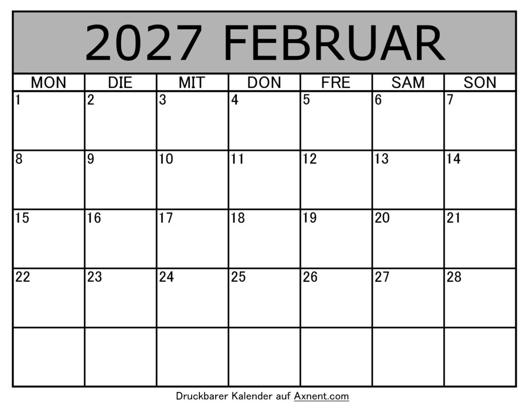 Kalender Februar 2027 zum Ausdrucken