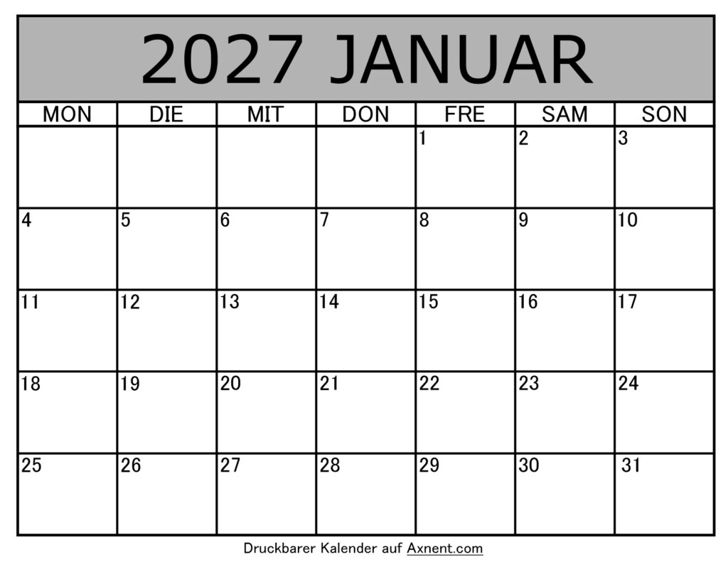 Kalender Januar 2027 zum Ausdrucken
