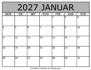 Kalender Januar 2027 zum Ausdrucken