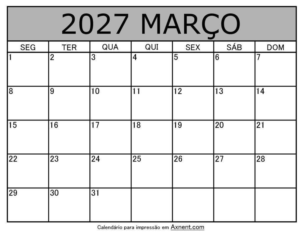 Março De 2027 Calendario Imprimível