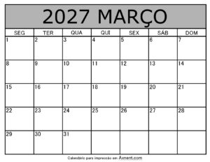 Março De 2027 Calendario Imprimível