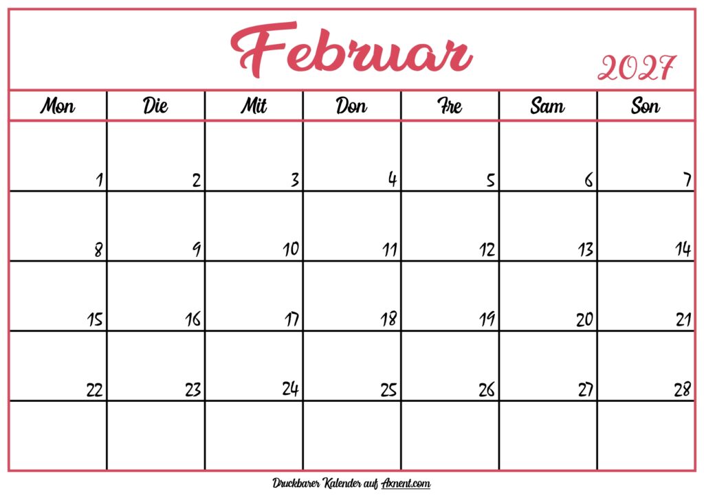Monatskalender Februar 2027
