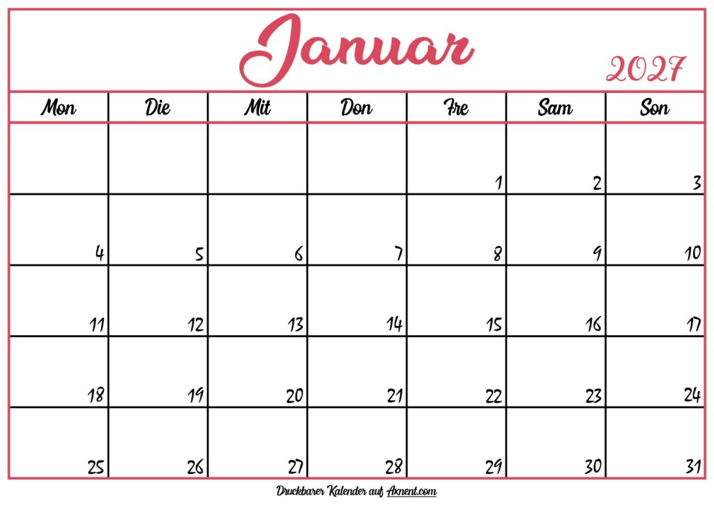 Monatskalender Januar 2027