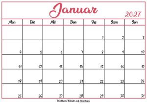 Monatskalender Januar 2027