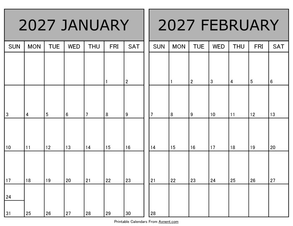 Printable January February 2027 Calendar
