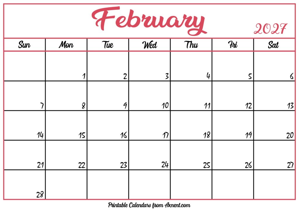Free February Calendar 2027