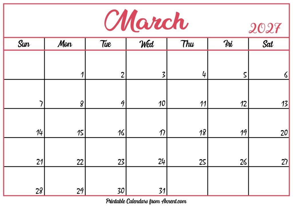 Free March Calendar 2027