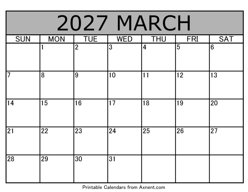March 2027 Calendar Template