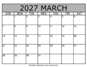 March 2027 Calendar Template