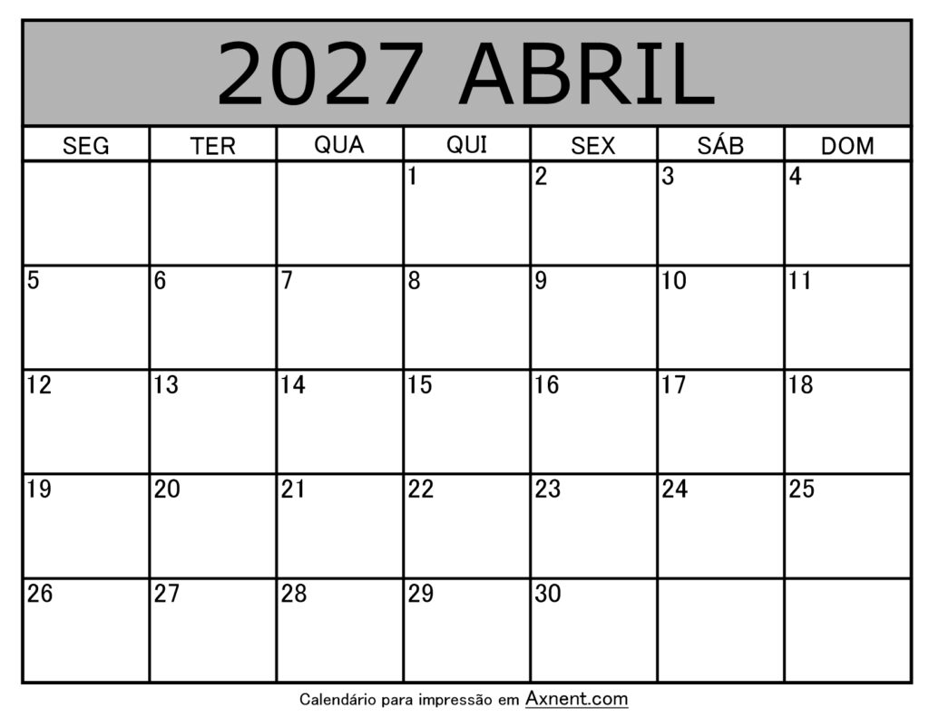 Abril De 2027 Calendario Imprimível