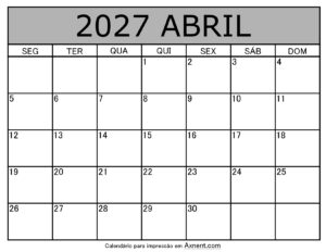 Abril De 2027 Calendario Imprimível