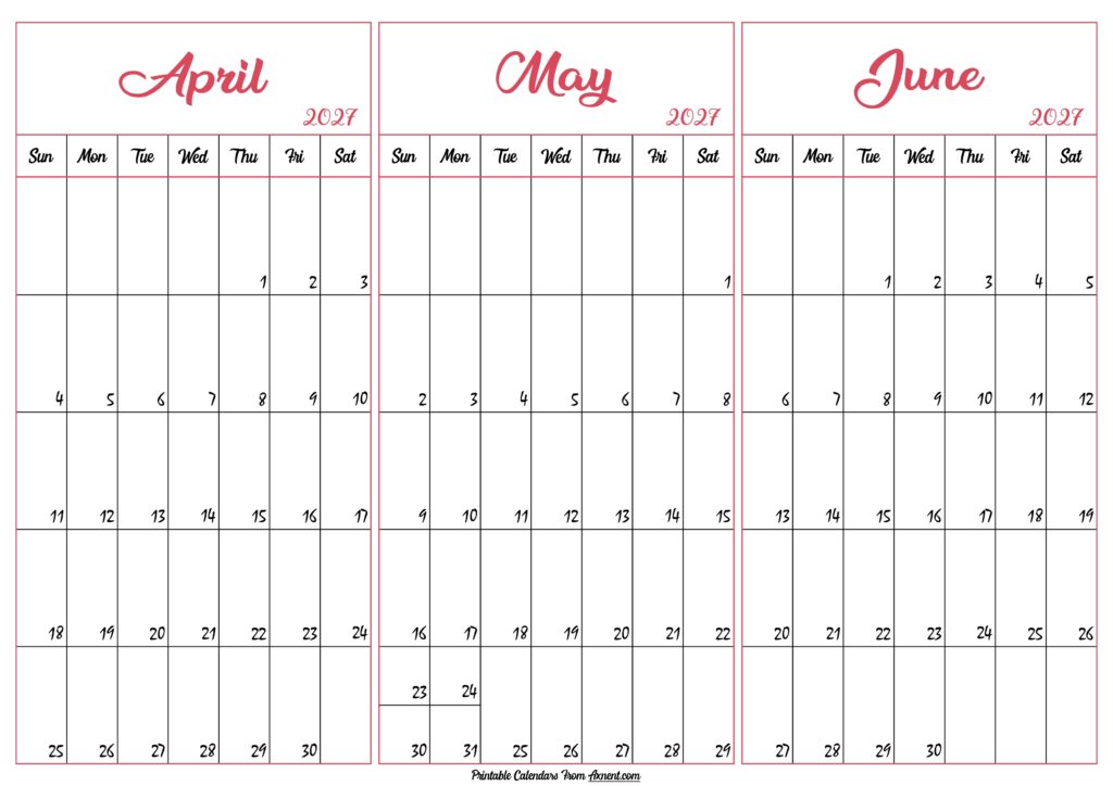 April May June 2027 Calendar
