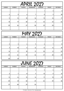 April May and June Calendar 2027