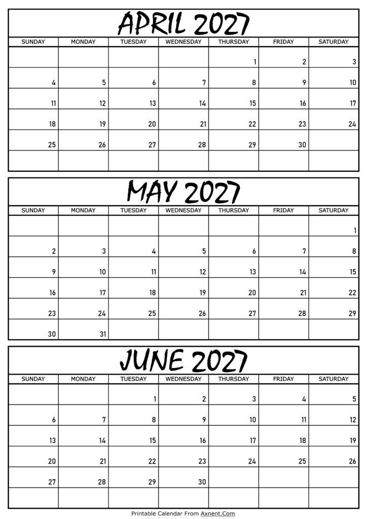 April May and June Calendar 2027