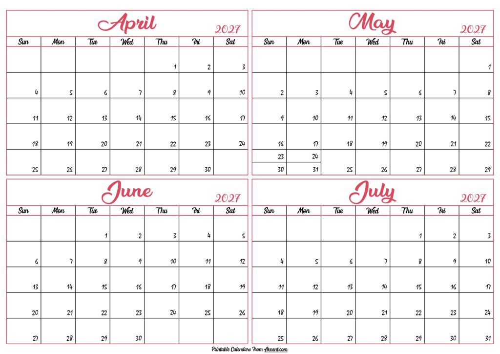 April to July Calendar 2027