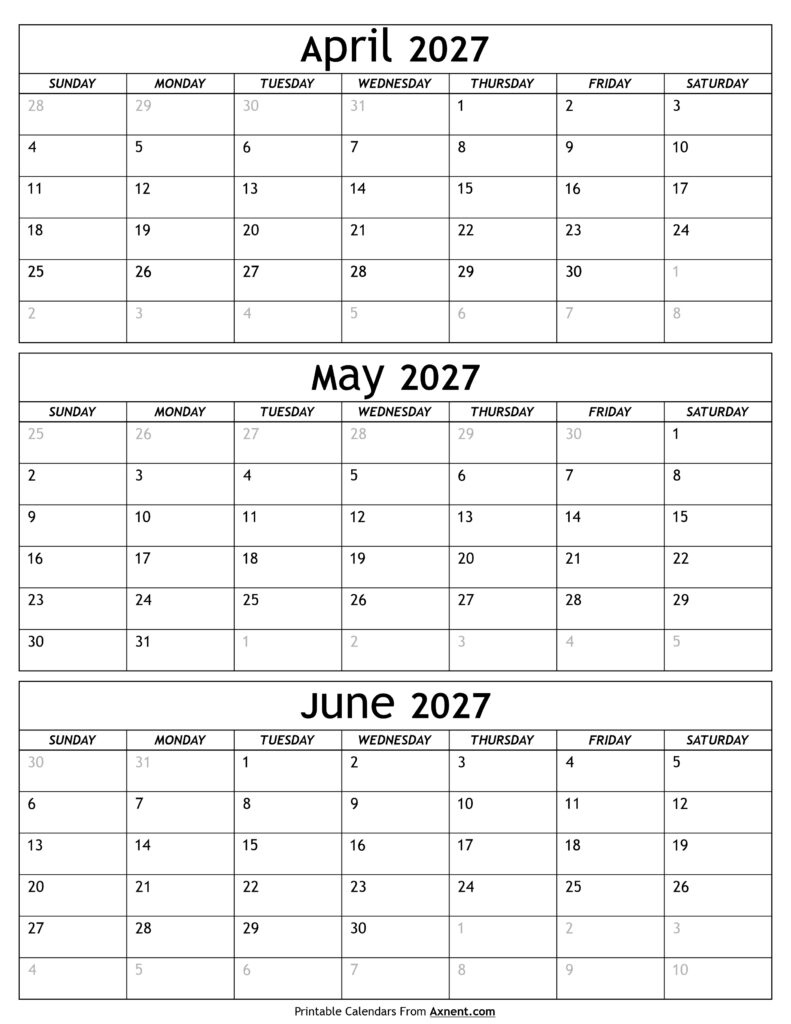 April to June 2027 Calendar